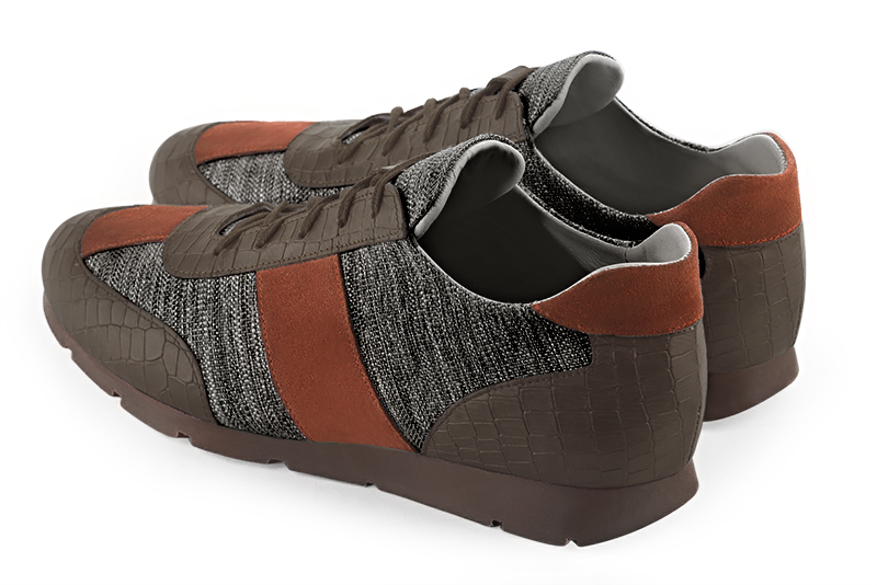 Taupe brown, dark grey and terracotta orange two-tone dress sneakers for men. Round toe. Flat rubber soles. Rear view - Florence KOOIJMAN